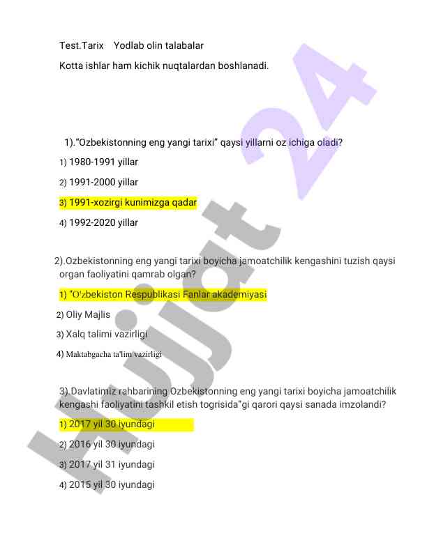 Ozbekistonning eng yangi tarixi test savollari