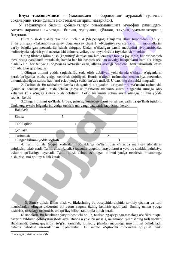 Bloom taksonomiyasi va uning ta’limda gi ahamiyati