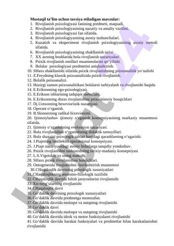 Rivojlanish psixologiyasi asosiy mavzulari