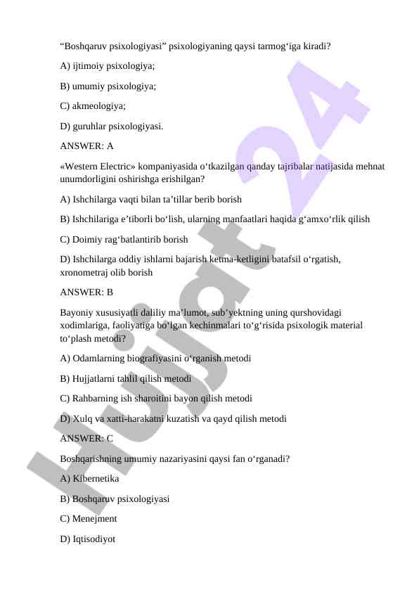 Boshqaruv psixologiyasi haqida test savollari