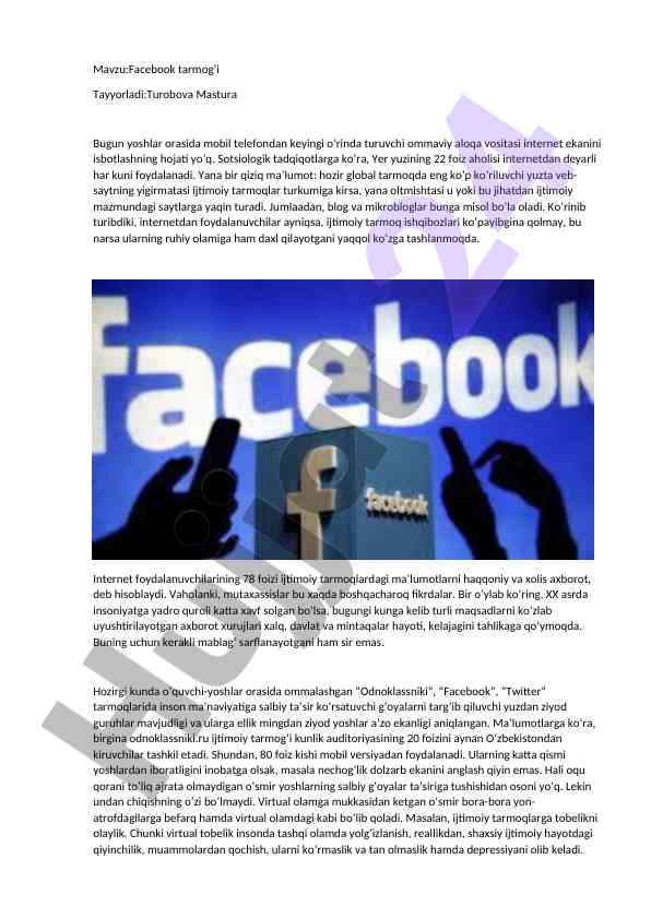 Facebook tarmog’i tahlili internet va yoshlar
