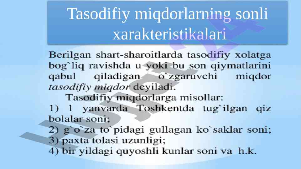 Sonli xarakteristikalar va tasodifiy miqdorlar tahlili
