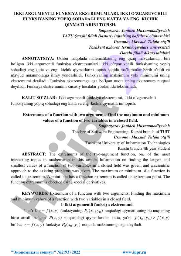 Ikki argumentli funksiya ekstremumlari tahlili