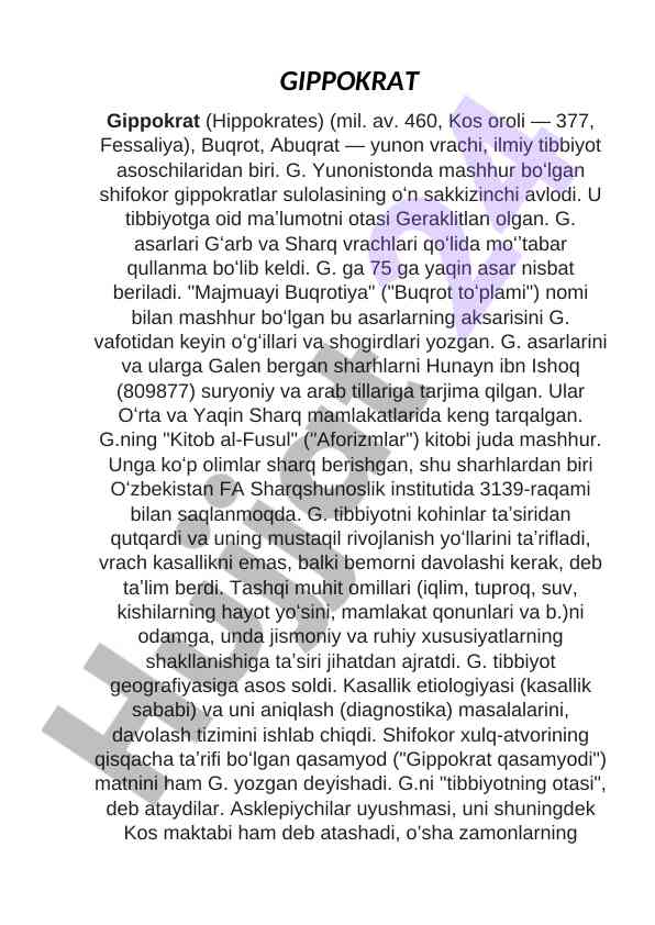 Gippokrat va tibbiyot tarixi hakkida ma'lumotlar
