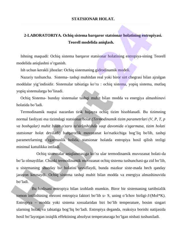 Ochiq sistema barqaror holatining entropiyasi