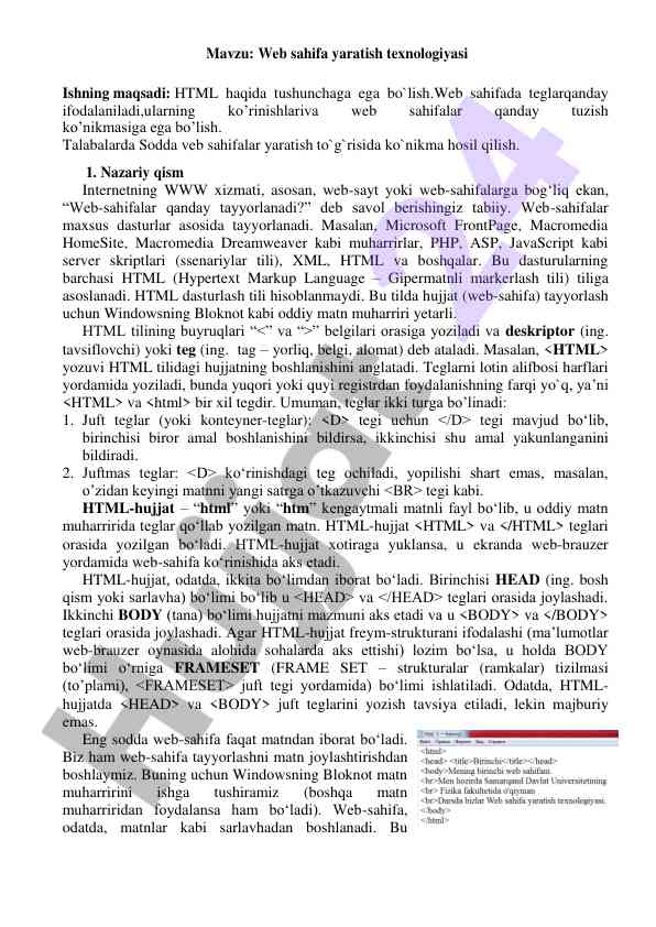 Web sahifa yaratish texnologiyasi haqida ma'lumot