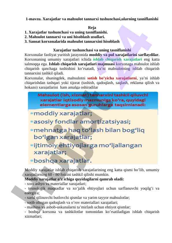 Xarajatlar va mahsulot tannarxi tushunchasi