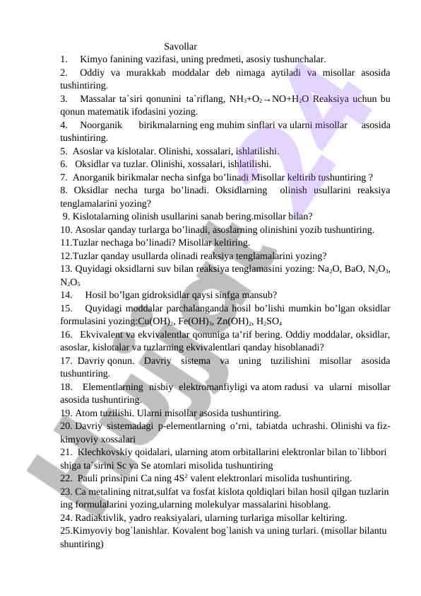 Kimyo fanining vazifalari va asosiy tushunchalari
