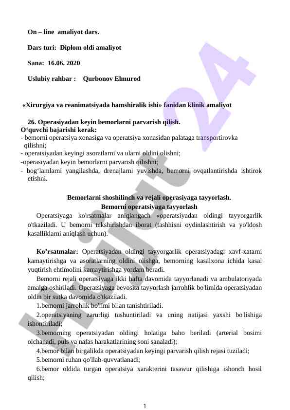 Xirurgiya va reanimatsiyada hamshiralik ishi dars