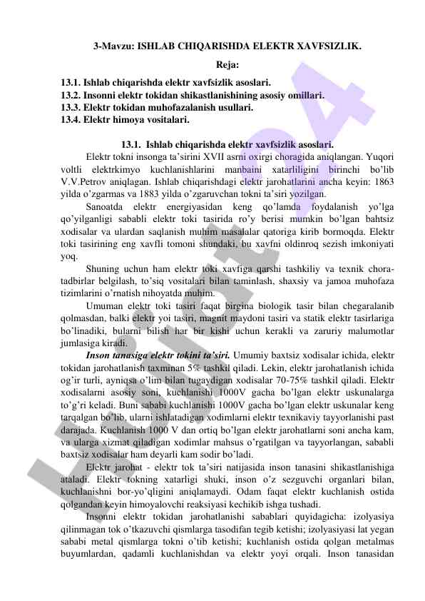 Ishlab chiqarishda elektr xavfsizlik asoslari
