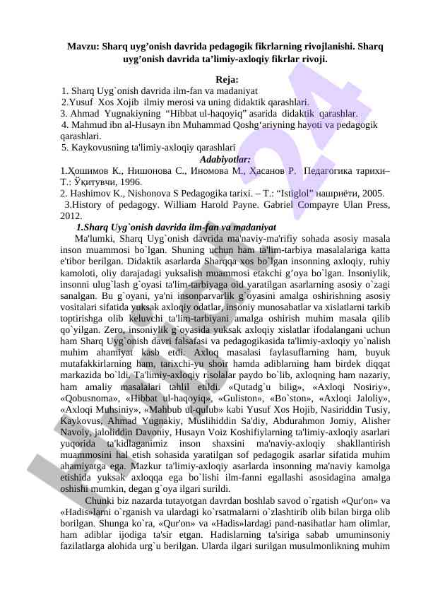 Sharq uyg'onish davrida pedagogik fikrlar rivoji