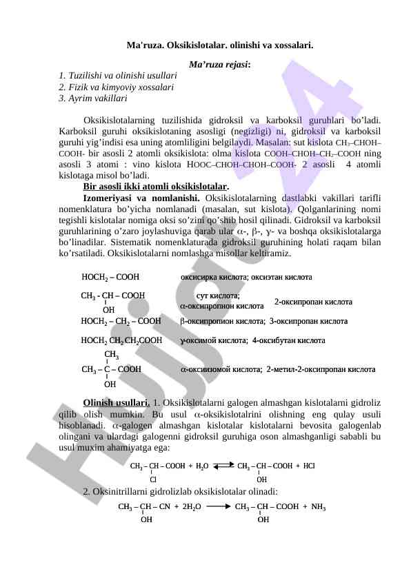 Oksikislotalar olinishi va xossalari tahlili