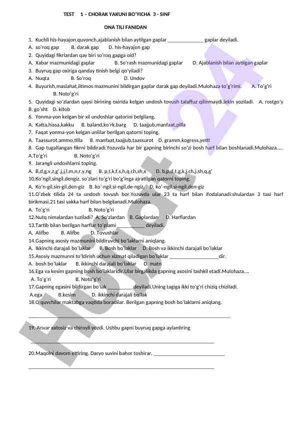 Test 1 - 3-sinf ona tili fanidan savollar