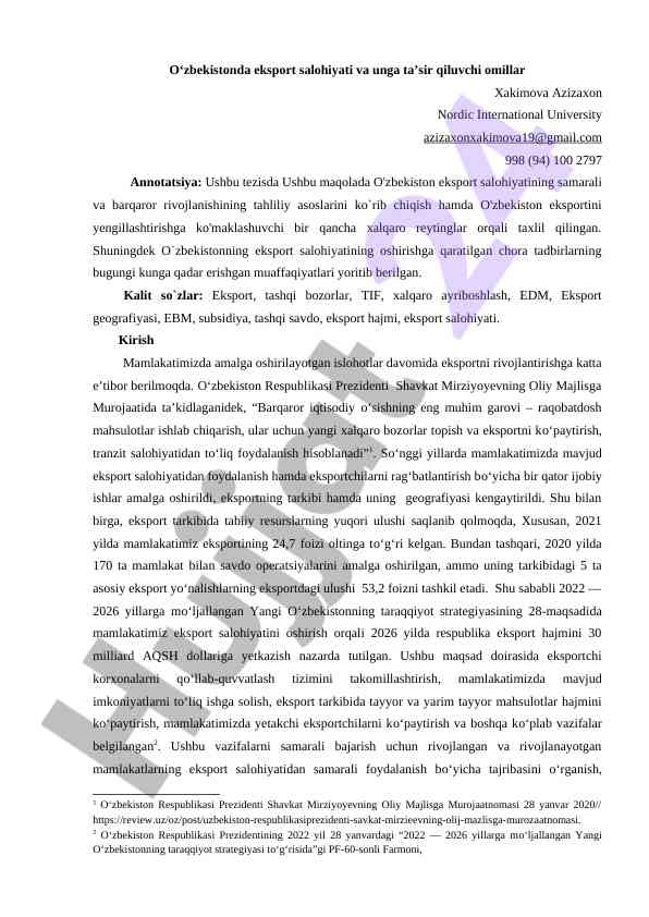 O'zbekiston Eksport Salohiyati Tahlili