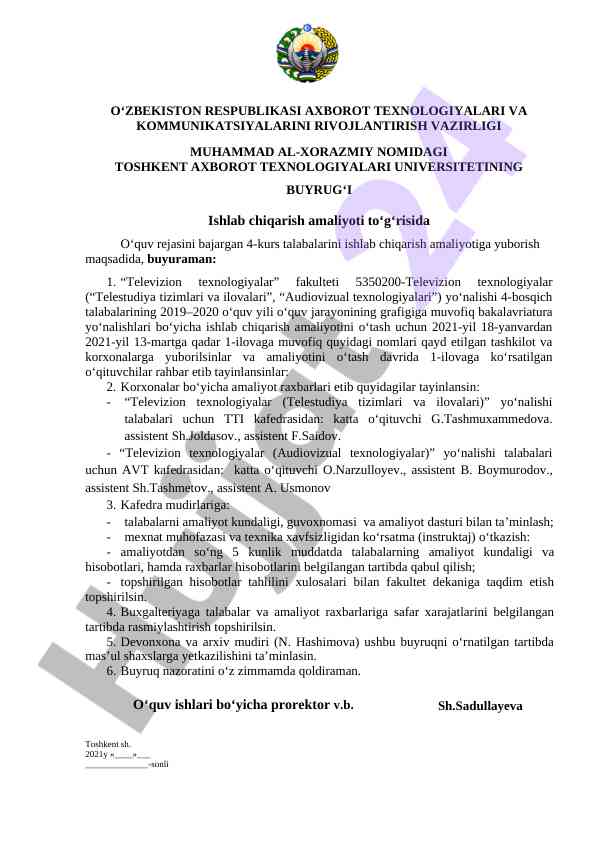Televizion texnologiyalar fakultetida amaliyot rejasi