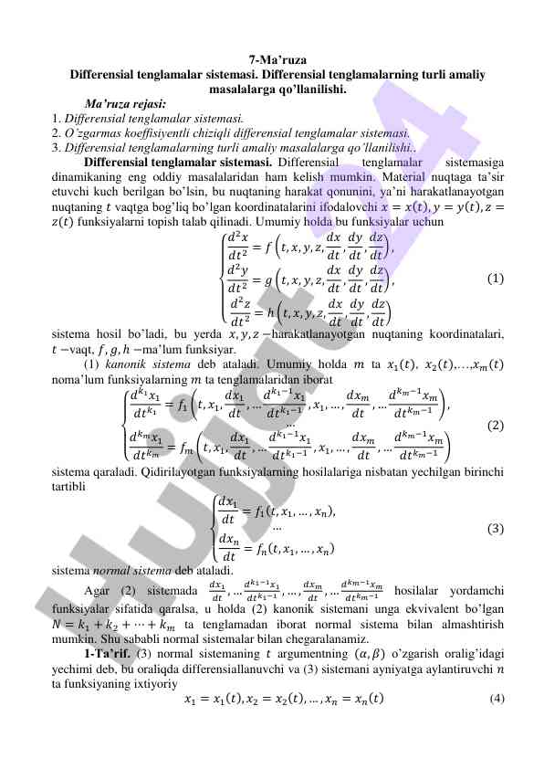 Differensial tenglamalar sistemasi ma'ruzasi
