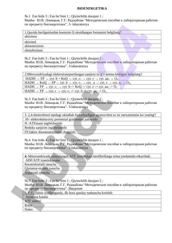 Bioenergetika faniga oid laboratoriya ishlari