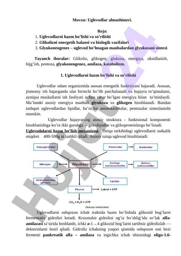 Uglevodlar almashinuvi tahlili va ahmiyati