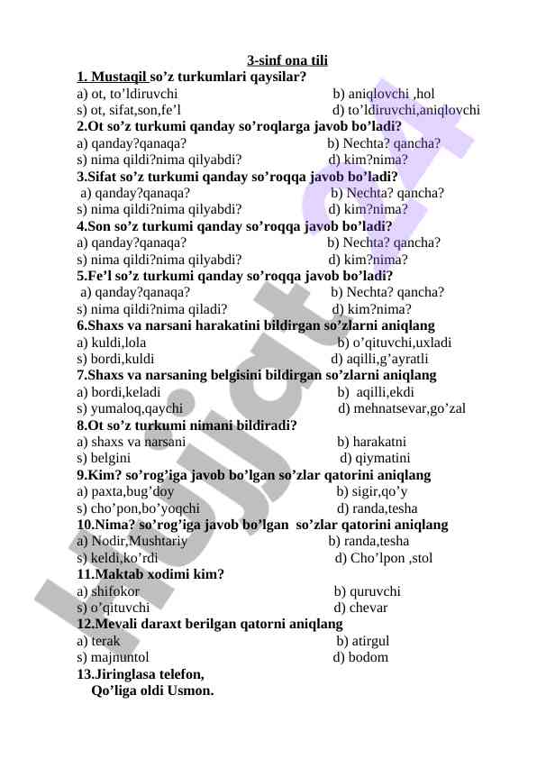 Mustaqil so’z turkumlari va ularning javoblari