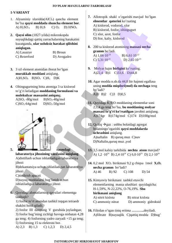 Kimyo fanidan test savollari