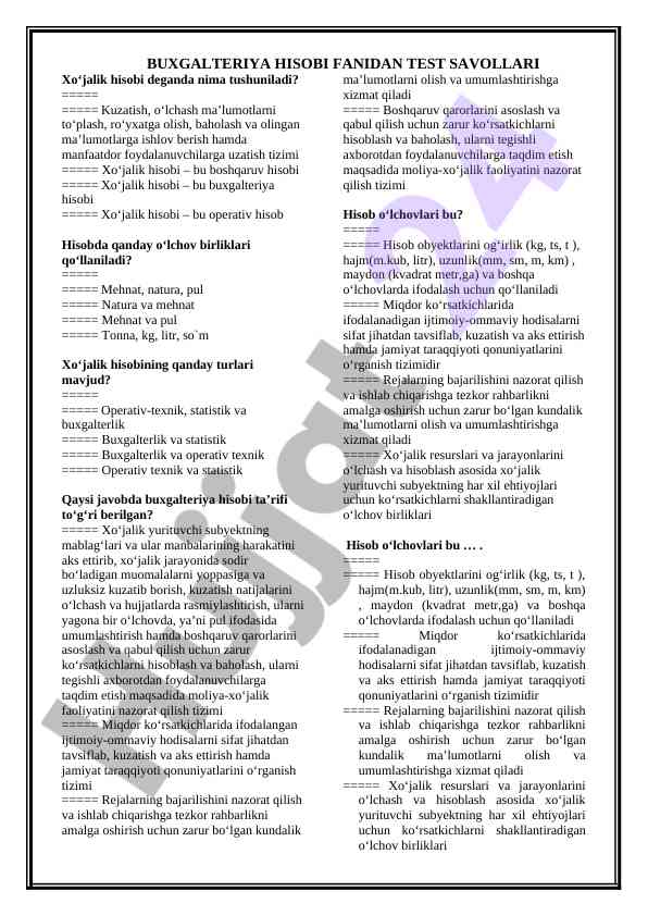 Buxgalteriya hisobi fanidan test savollari