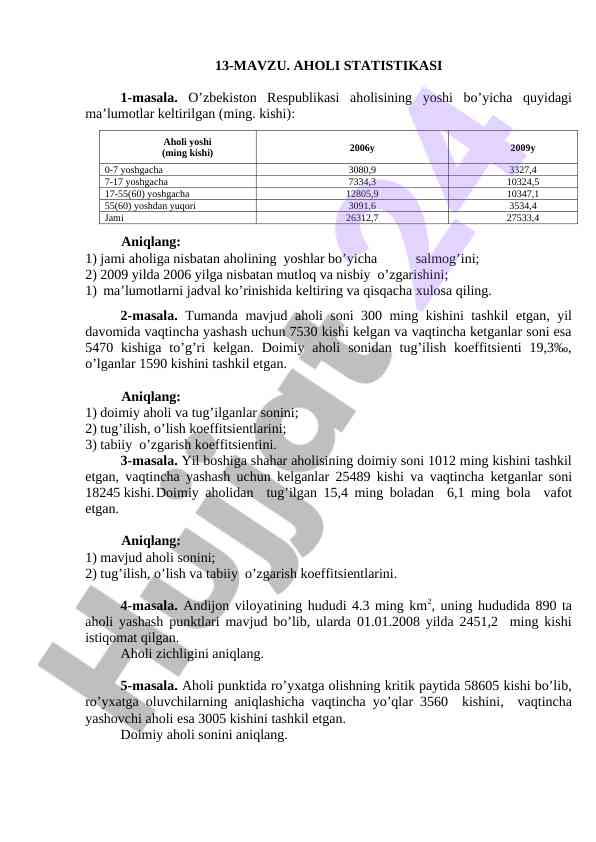 Aholi statistikasi bo'yicha masalalar yangiliklari