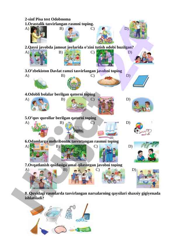 2-sinf pisa testi savollari va javoblari