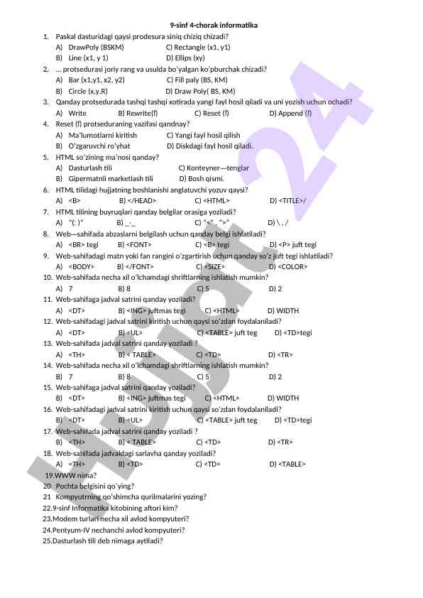 Informatika test savollari 9-sinf 4-chorak