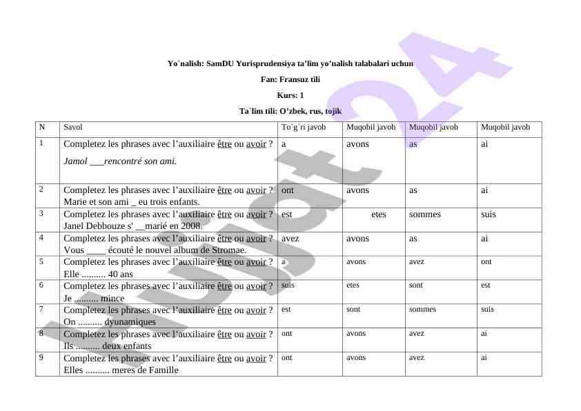 Fransuz tili bo'yicha test savollari