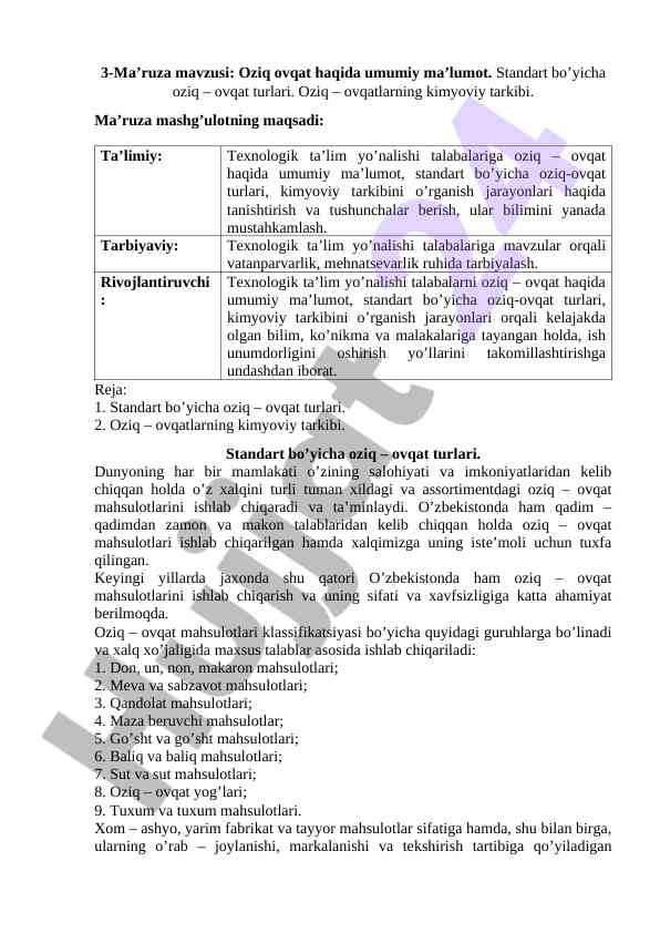 Oziq ovi mahsulotlari turlari va kimyoviy tarkibi