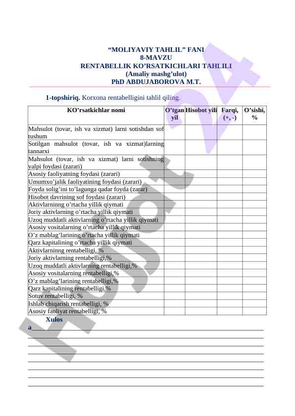 Rentabellik ko’rsatkichlari tahlili