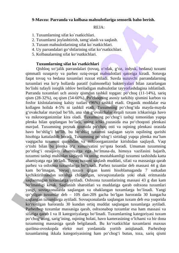 Sensorik baholar: parranda va kolbasa mahsulotlari