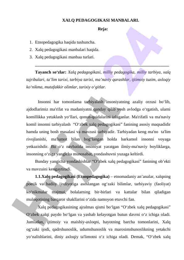 Xalq pedagogikasi manbalari haqida tushuncha
