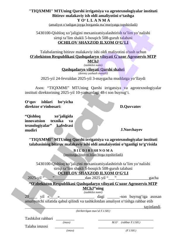 Bitiruv Malakaviy Ish O‘tashga Yo‘llanma