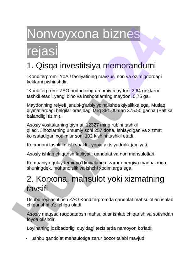 Nonvoyxona biznes rejasi va investitsiya memorandumi