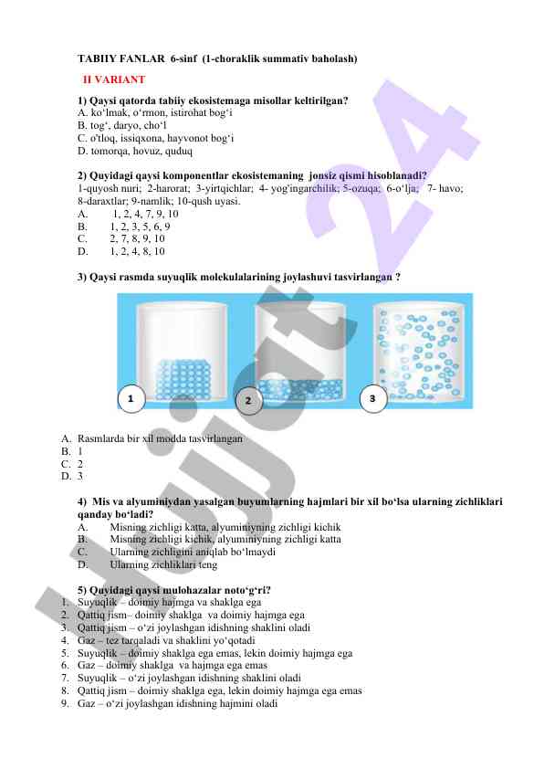 Tabiy fanlar 6-sinf 1-choraklik baholash testi ii variant