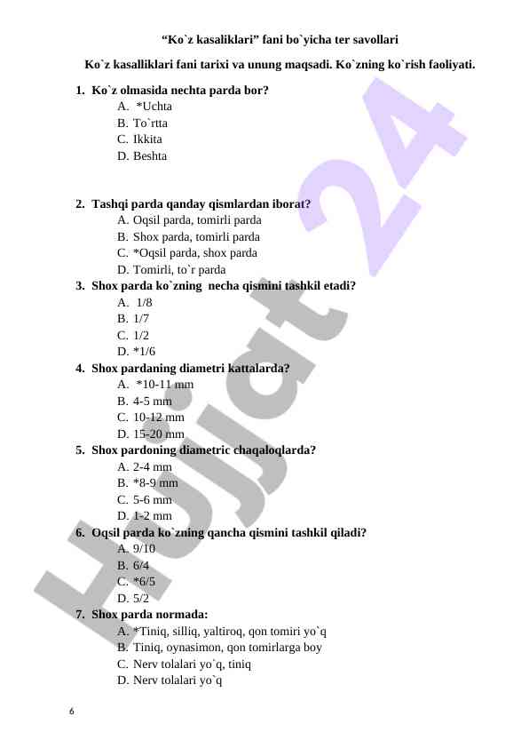Ko`z kasaliklari fani bo`yicha test savollari