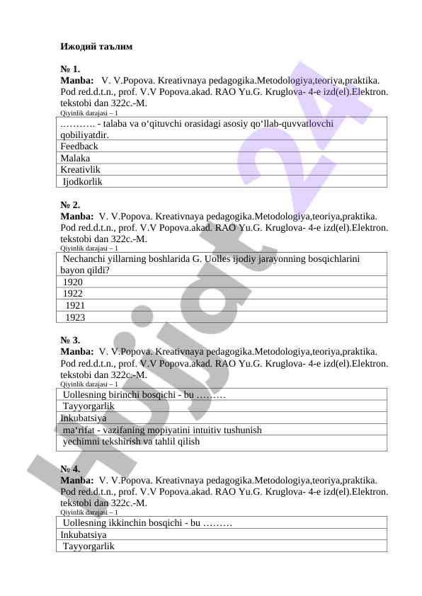 Kreativ pedagogika metodologiyasi fani bo‘yicha asosiy savollar
