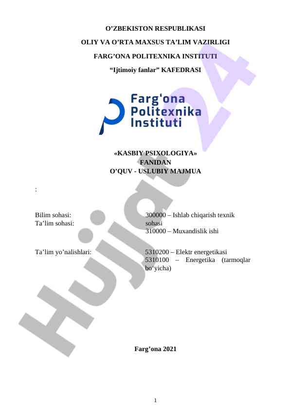 Kasbiy psixologiya fanidan o‘quv uslubiy majmua
