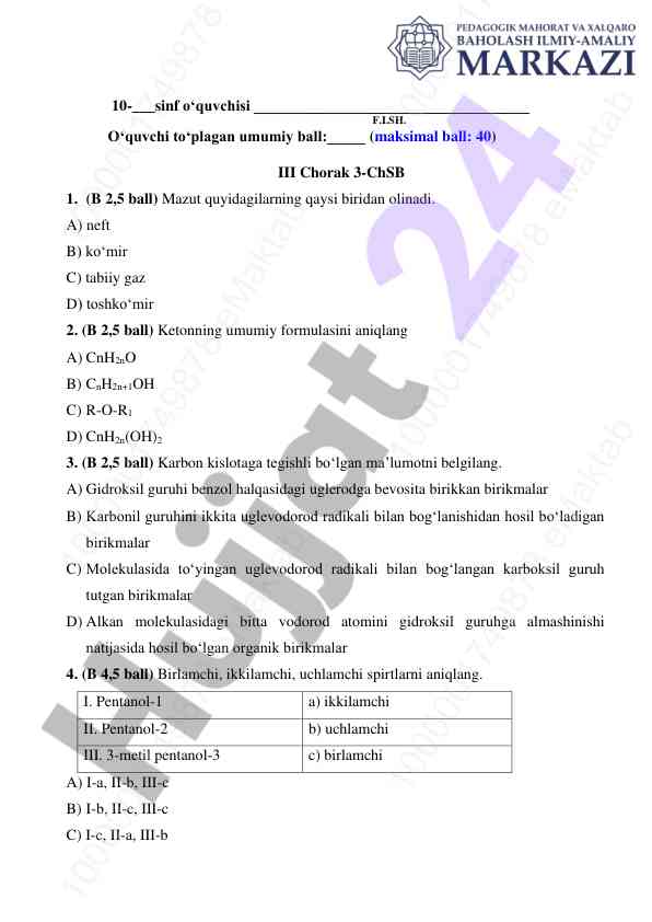 Kimyo fani bo‘yicha test savollari