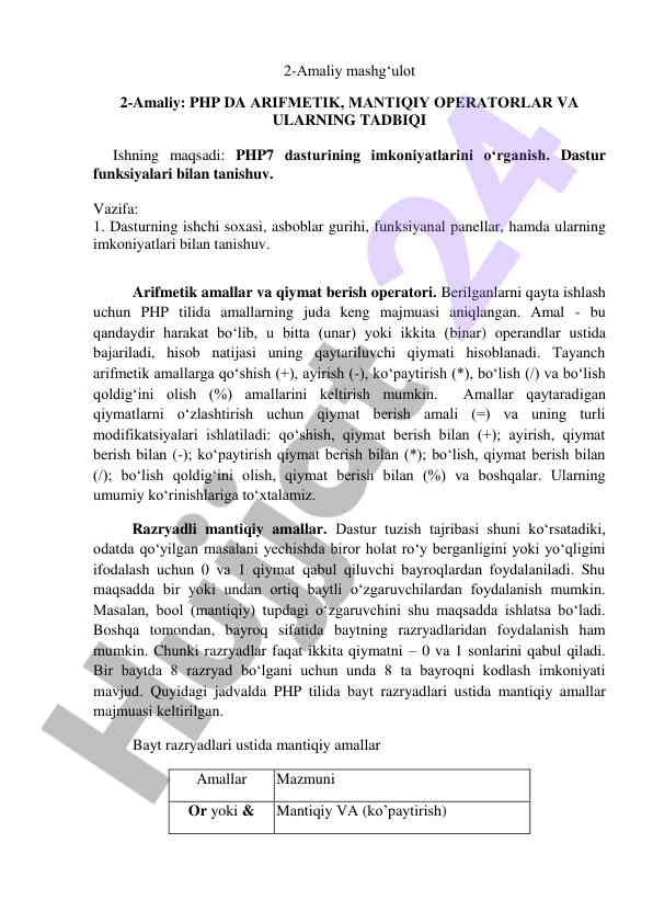 Php dasturida arifmetik va mantiqiy operatorlar