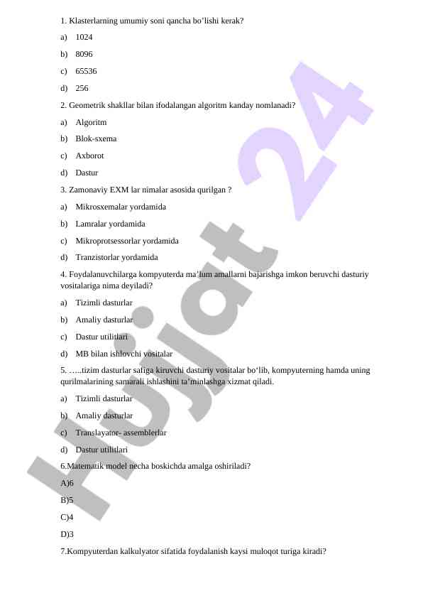Algoritmlar va dasturlar test savollari