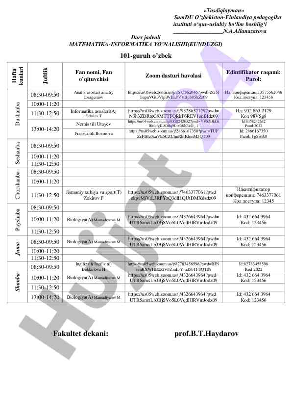 Matematika-informatika yunalishida dars jadvali