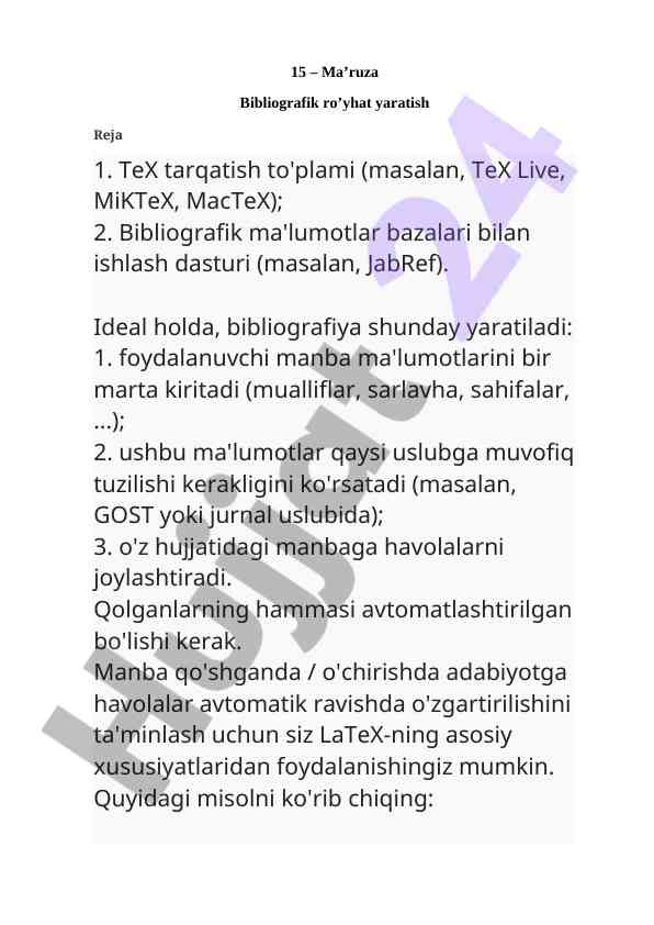Bibliografik ro'yhat yaratish bo'yicha ma'ruza