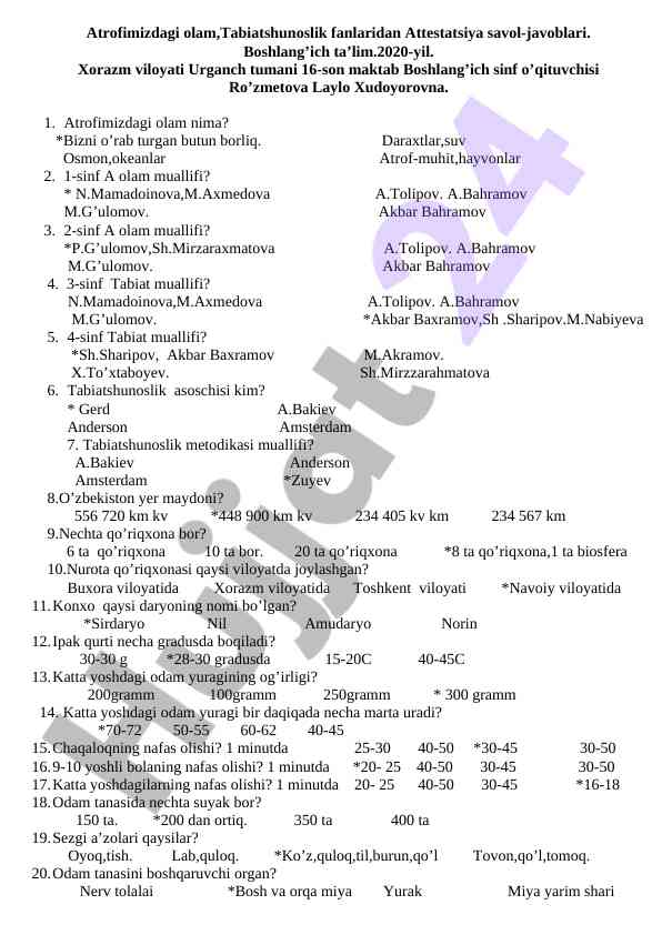 Tabiatshunoslik fanlari atrofimizdagi olam savollari