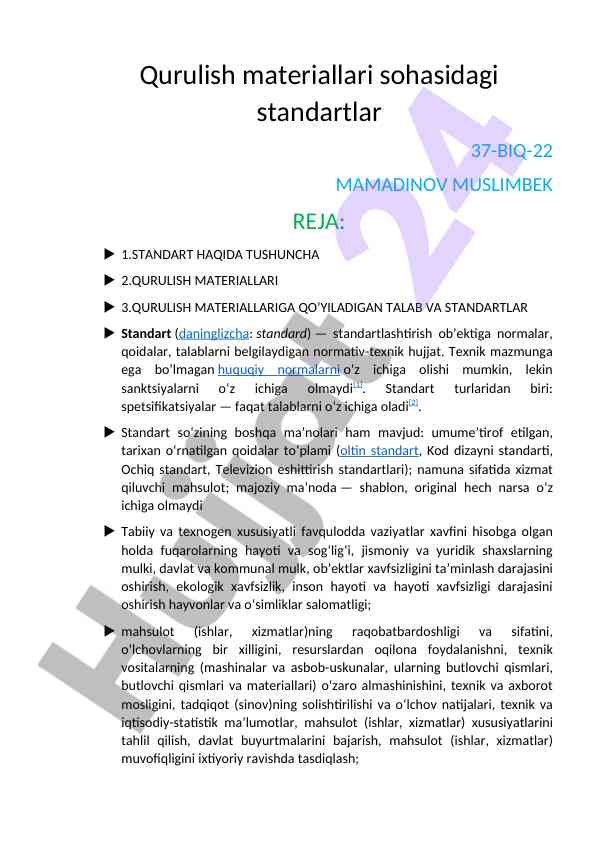 Standartlar haqida tushuncha va qurilish materiallari