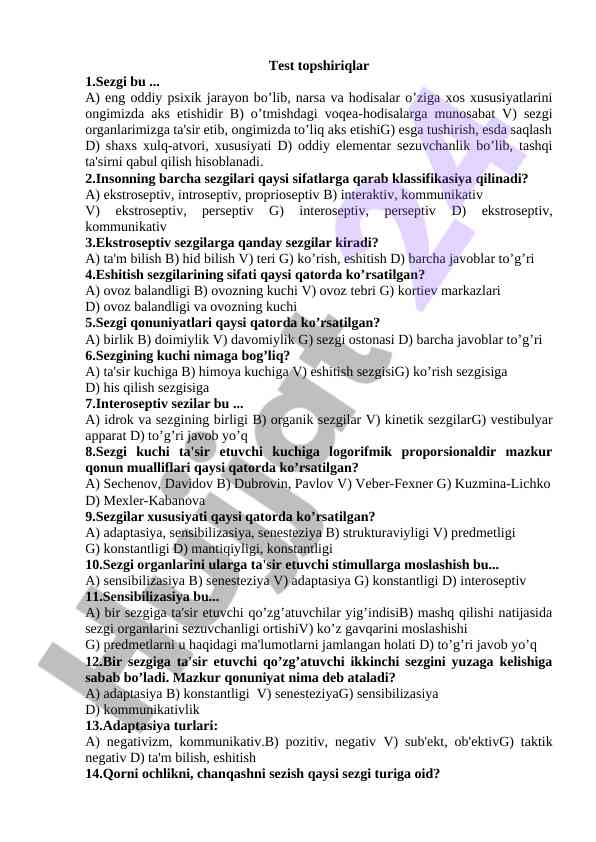 Sezgi psixik jarayonlari test savollari