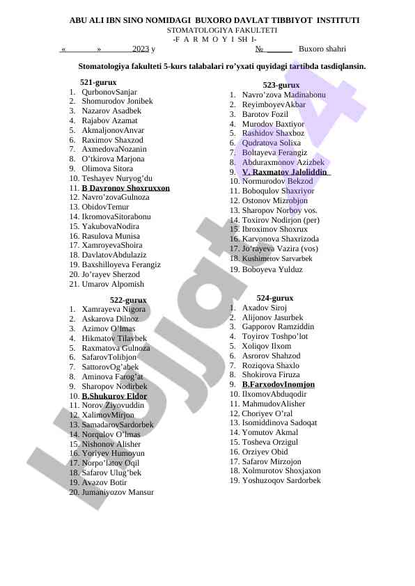 Stomatologiya fakulteti 5-kurs talabalari ro'yxati