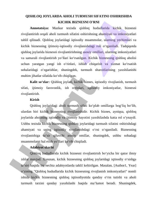 Qishloq joylarda aholi turmush sifatini oshirish