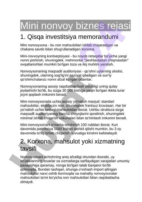 Mini nonvoy biznes rejasi: investitsiya va strategiya